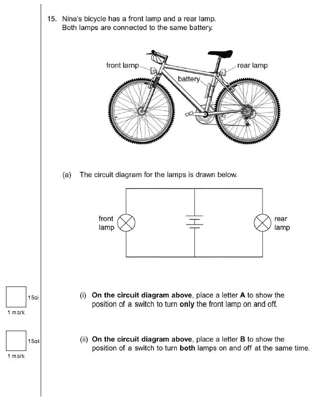 Exam question including an illustration of a bicycle