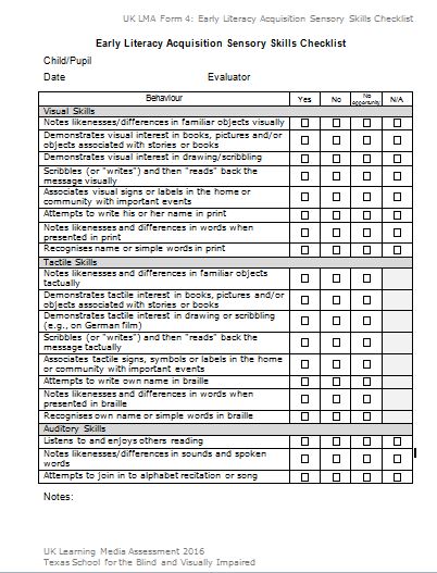Form4, Early Literacy Acquisition Sensory Skills Checklist