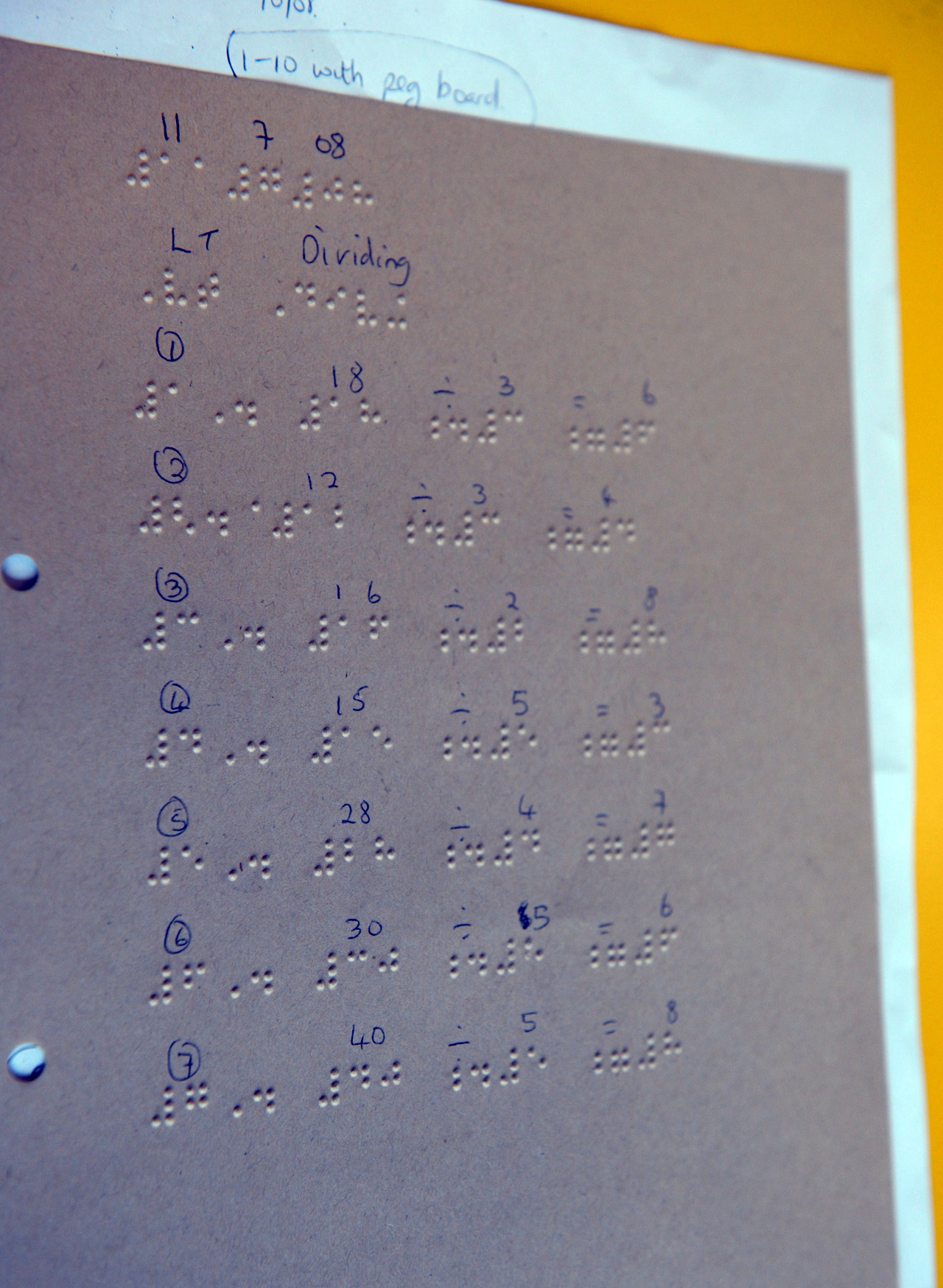 Braille and print together on a maths worksheet