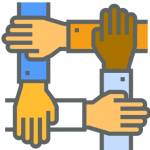 This image shows a stylized graphic representation of teamwork, unity, or collaboration. The image consists of four hands or arms, each coming from a different direction (top, bottom, left, and right), joining together in the centre to form a square or connected shape.